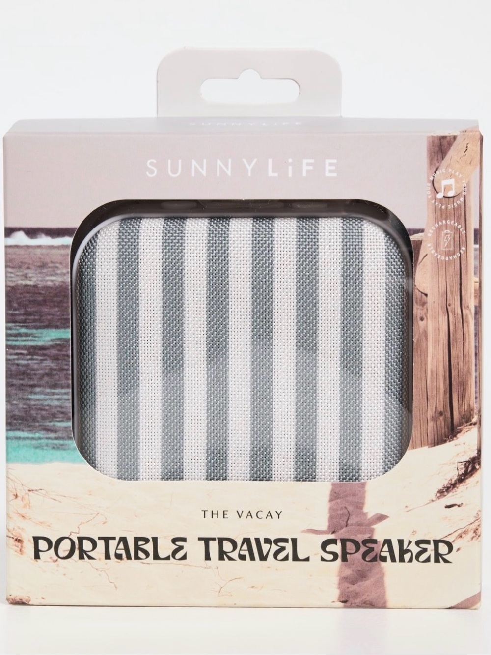 Sunnylife Vacay Portable Travel Speaker in Gray & White Stripes